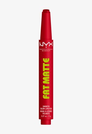 Red NYX Professional Makeup Fat Matte smooth color lipstick in slim twist-up tube, 0.07 oz (2 g) product weight.