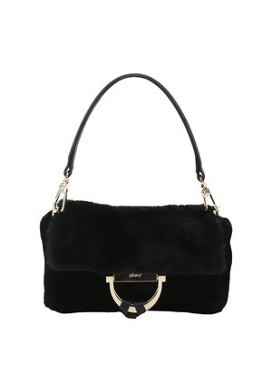 Black faux fur handbag with gold-tone clasp and black leather strap, rectangular shape, and flap closure.
