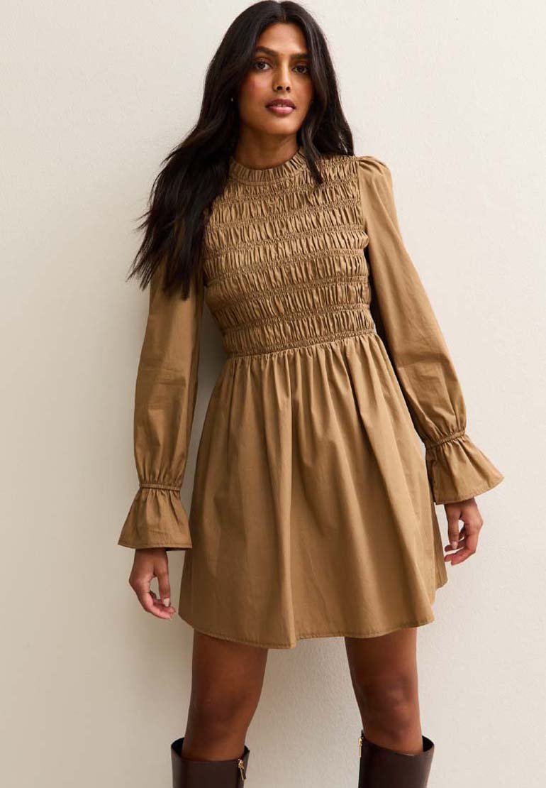 New Look SHIRRED BODICE LONG SLEEVE A-LINE MINI - Day dress - light brown -  Zalando