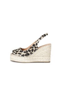 Leopard print espadrille wedge shoe with an open toe, tan inner lining, and a braided jute platform. Adjustable slingback strap for fit.