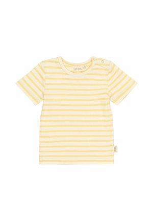 Geel gestreept T-shirt met korte mouwen, ronde halslijn en drukknopen op de schouder. Zachte stof, rechte snit, label aan de onderzijde.