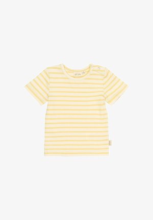 Geel gestreept T-shirt met korte mouwen, ronde halslijn en drukknopen op de schouder. Zachte stof, rechte snit, label aan de onderzijde.