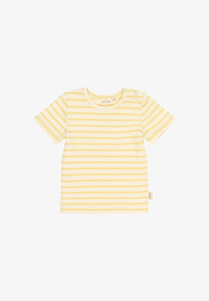 T-shirt à manches courtes jaunes rayé avec un col rond et un détail de bouton pression à l'épaule. Tissu doux, coupe droite, étiquette sur le côté inférieur.