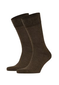 Brown cotton blend socks with a ribbed cuff, mid-calf length, smooth texture, and a seamless toe design. Suitable for casual wear.
