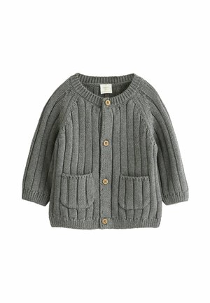 Gray knitted cardigan with ribbed texture, round neckline, button closure, two front pockets, and wooden buttons.