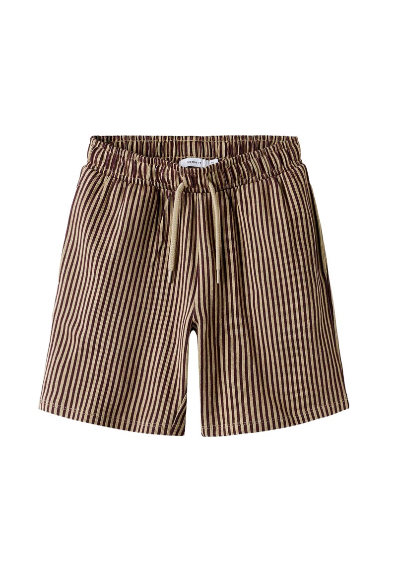 Stribede shorts lavet af letvægtsstof, med vertikale brune og beige striber, elastisk talje med snor og sidelommer.