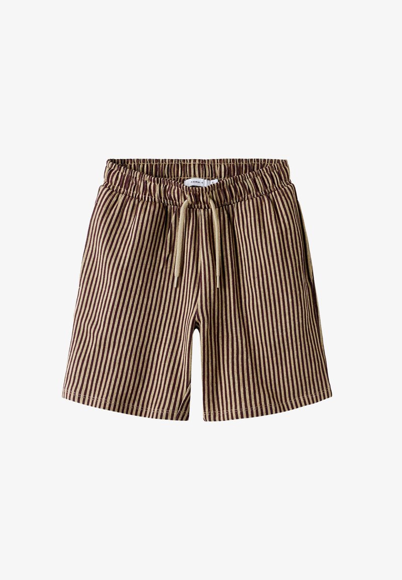 Shorts rayés en tissu léger, avec des rayures verticales marron et beige, une taille élastique avec cordon de serrage, et des poches latérales.