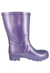 Paarse rubberen regenlaars met een gladde, glanzende afwerking, stevige zool, licht gestructureerde loopvlak en een ronde neusontwerp.