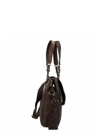 Braune Lederhandtasche mit einer strukturierten Oberfläche, rechteckiger Form, doppelten Schulterriemen und einem abnehmbaren Etikett. Reißverschluss oben.