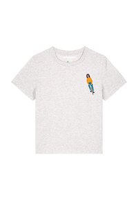 T-shirt en coton gris à manches courtes. Présente un graphisme coloré d'une personne à vélo sur la partie gauche de la poitrine.