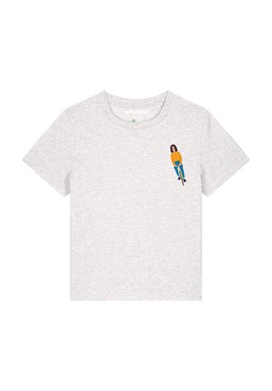 Gray cotton t-shirt with short sleeves. Features a colorful graphic of a person on a bicycle on the left chest area.