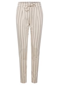 Beige byxor med vertikala bruna ränder, elastisk midja och justerbar dragsko. Slim fit med en mjuk tygtextur.