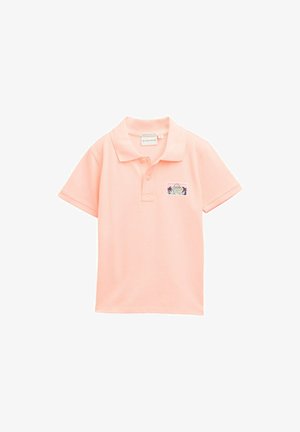 Korte mouwen polo shirt in licht perzik stof met een geribbelde kraag en geborduurd groen karakterontwerp op de linkerzak.