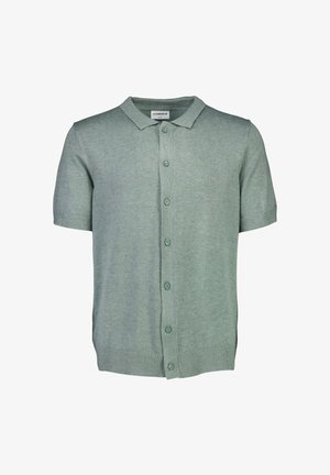 Green short-sleeve cardigan made of soft knit fabric, featuring a button-down front and a classic collar, with ribbed cuffs and hem.