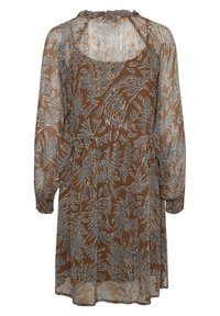 Robe marron transparente avec de longues manches bouffantes et des motifs abstraits blancs et noirs en forme de feuilles partout.