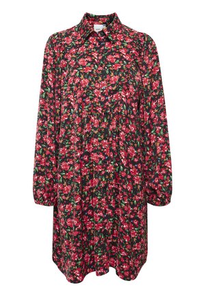 Robe à manches longues avec col, ornée d'un motif floral rouge et vert sur fond noir. Fabriquée en tissu léger.
