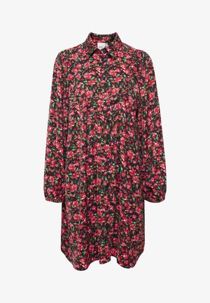 Langsleeve jurk met een kraag, voorzien van een bloemenpatroon in rood en groen op een zwarte achtergrond. Gemaakt van lichtgewicht stof.