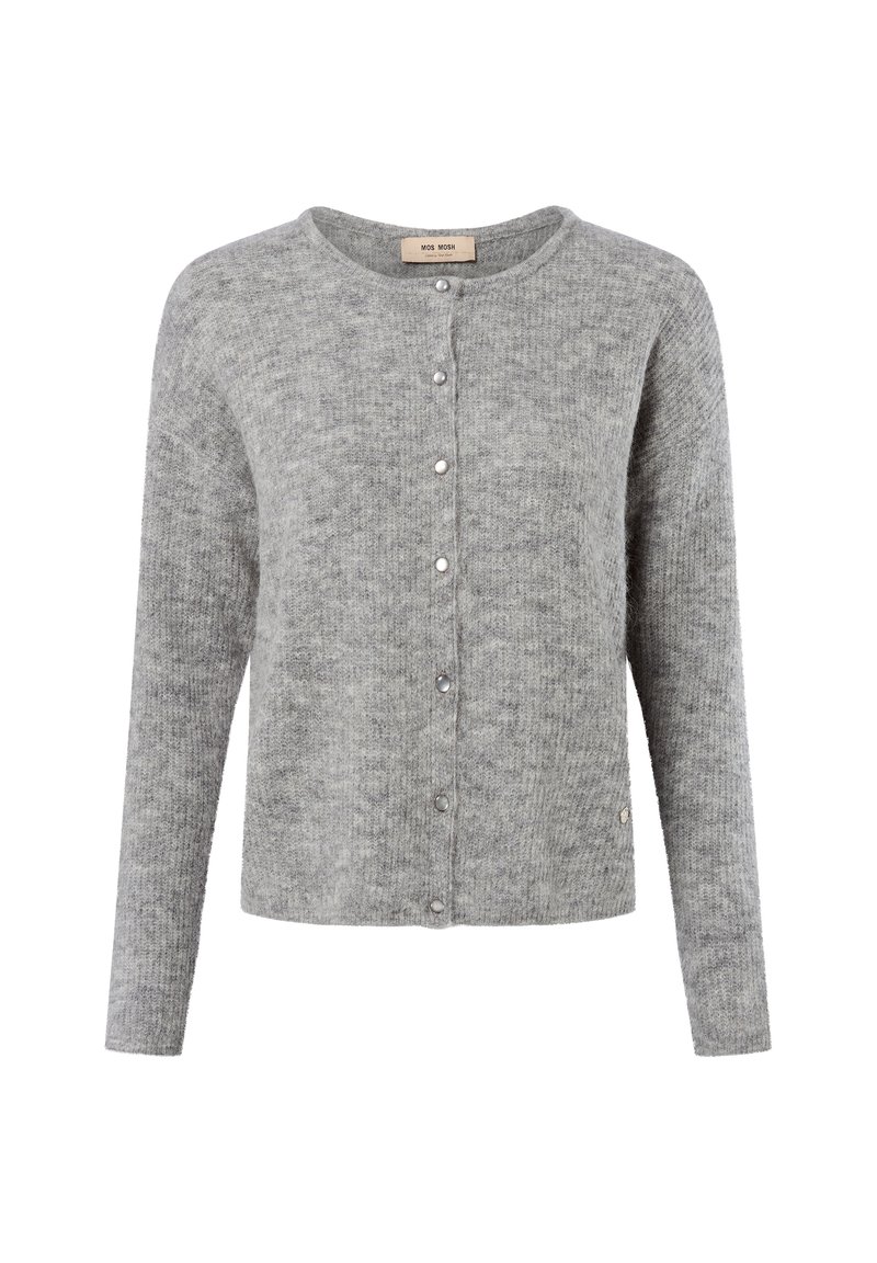 Jasnoszary, dziany kardigan z długimi rękawami, okrągłym dekoltem i srebrnymi zatrzaskami z przodu.