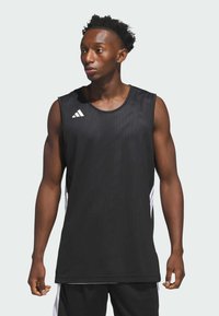 Sort ærmeløs basketballtrøje med mesh-struktur, med rund hals og hvide sidelister. Adidas tre-strips logo på brystet.