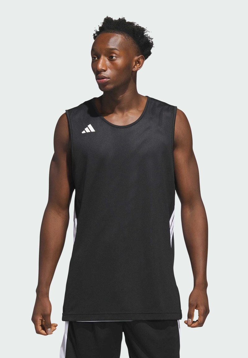 Mustat hihattomat koripallopaidat, joissa on verkkomainen pinta, pyöreä kaula-aukko ja valkoiset sivuviivat. Adidasin kolmen raidan logo rinnassa.
