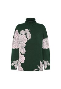 Pull à col roulé vert foncé avec de grands motifs floraux rose clair sur le devant, les manches et l'ourlet inférieur.