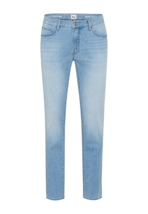Hellblaue Slim-Fit-Jeans mit Knopf- und Reißverschluss vorne, Gürtelschlaufen und Fünf-Taschen-Stil, aus Stretch-Denim hergestellt.