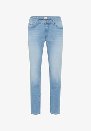 Hellblaue Slim-Fit-Jeans mit Knopf- und Reißverschluss vorne, Gürtelschlaufen und Fünf-Taschen-Stil, aus Stretch-Denim hergestellt.