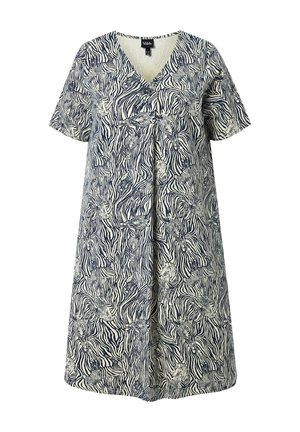 Kortærmet V-hals kjole med marineblåt og hvidt zebrahoved- og stribemønster, knælængde, løs pasform.