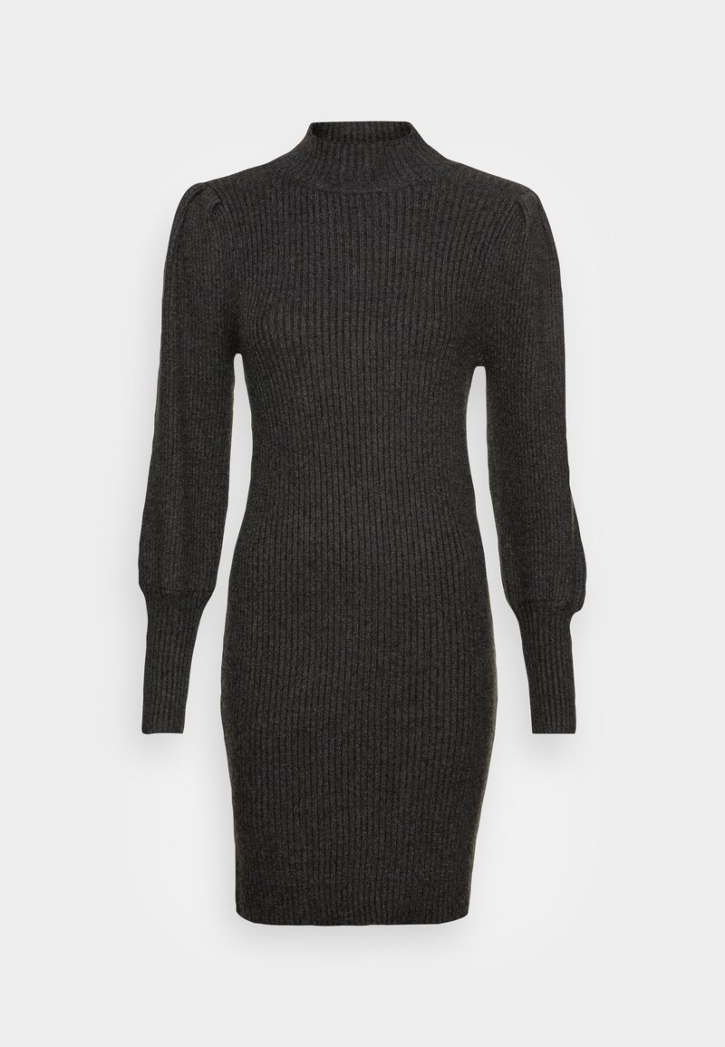 Robe en maille côtelée gris foncé avec de longues manches bouffantes et un col montant court, silhouette ajustée s'étendant jusqu'à mi-cuisse.