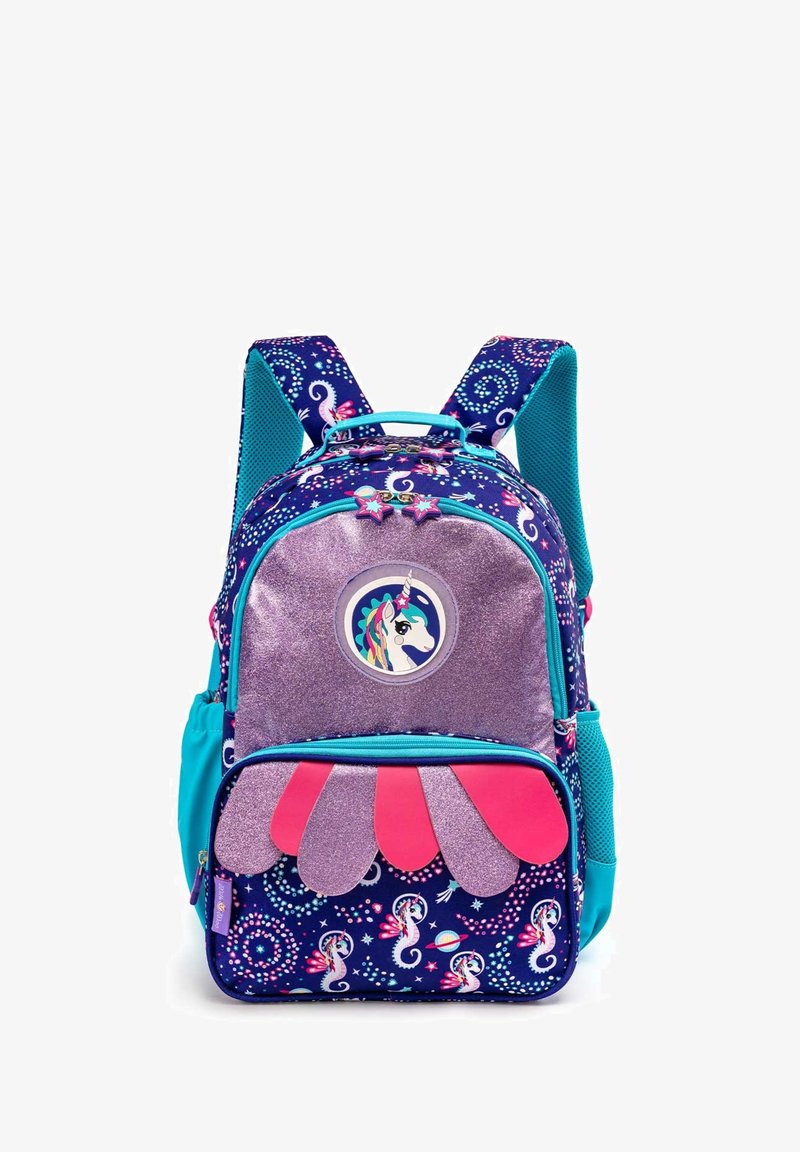 Purple and blue backpack with glitter accents, unicorn patch, colorful seahorse pattern, and pink petal-shaped detail on the front pocket.