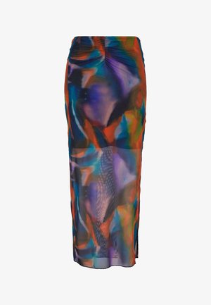Multikleurige kokerrok van een vloeiend, doorschijnend materiaal met abstracte patronen in blauw, oranje en paars. Elastische tailleband met zijslits.