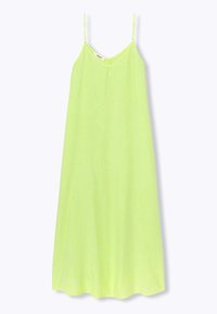 Robe légère sans manches en vert lime vif, avec un décolleté en V et des bretelles spaghetti réglables, présentant une silhouette A-line fluide.