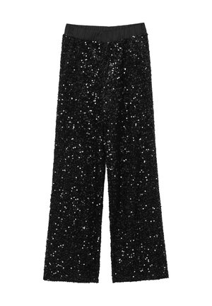 Pantaloni ampi neri in paillettes con cintura elastica, caratterizzati da una texture lucida e una vestibilità comoda, ideali per occasioni festive.