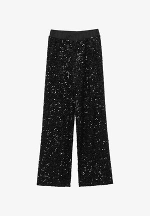 Pantaloni ampi neri in paillettes con cintura elastica, caratterizzati da una texture lucida e una vestibilità comoda, ideali per occasioni festive.