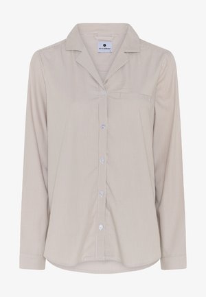 Camicia a righe color beige chiaro e bianco, con colletto classico, maniche lunghe e dettaglio di taschino sul petto. Tessuto morbido.