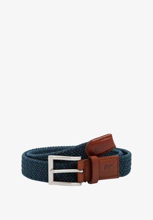 Geweven stoffen riem in donker groen en marineblauw met een gestructureerd visgraatpatroon. Voorzien van een bruine leren band en een zilveren metalen gesp.