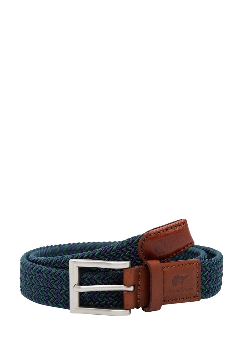 Woven fabric belt in dark green and navy with a textured herringbone pattern. Features a brown leather strap and a silver metal buckle.