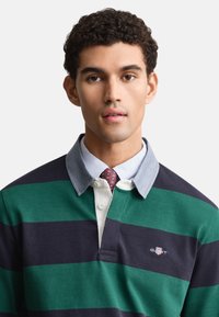 Zaļi un tumši zili svītrains regbija krekls ar gaiši pelēku apkakli. Tam ir balta pogu apkakle un izš�ūta logo uz krūtīm. Teksturēts kokvilnas materiāls.