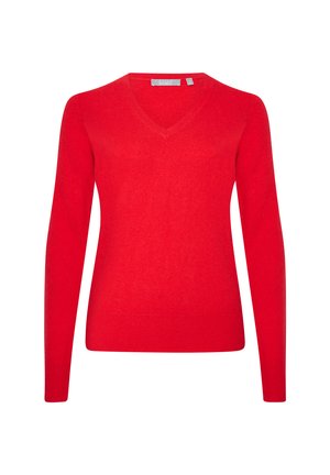Maglione rosso, leggero, a maniche lunghe con scollatura a V. Realizzato in tessuto morbido, con polsini e orlo a coste per un look aderente.
