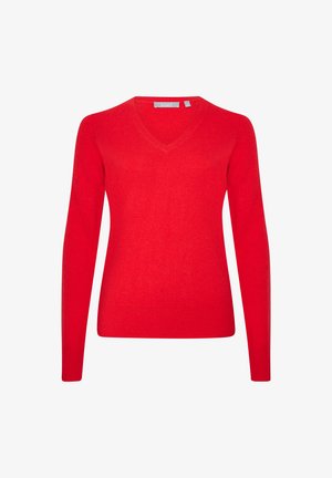 Red, lightweight, long-sleeve sweater with a V-neck design. Made from soft fabric, featuring ribbed cuffs and hem for a fitted look.