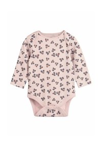 Długi rękaw bodysuit dla niemowląt w jasnoróżowym kolorze z ciemnymi plamkami w leopardzie; ma okrągły dekolt i zapięcie na napy na dole, co ułatwia ubieranie.