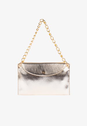 Metallic gold clutch bag with a crinkled texture, featuring a gold chain strap and a rounded flap. Compact shape, minimal hardware details.
