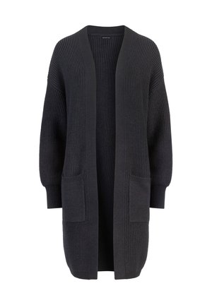 Cardigan tricoté gris foncé avec un devant long et ouvert, texture côtelée et deux poches avant. Silhouette kawaii, surdimensionnée avec des épaules tombantes.