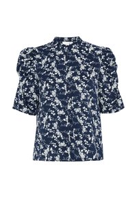 Navy blue blouse with white floral print, short puff sleeves, button closure, and a stand collar. Made from lightweight fabric.