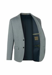 Grijze blazer met een subtiele gestreepte textuur, twee zwarte knopen, een gelapte kraag en een marineblauwe binnenkant met een zak met branding.