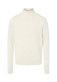 Cremfarbener Rollkragenpullover aus strukturiertem Strickstoff mit einem Diamantmuster. Verfügt über lange Ärmel und gerippte Akzente am Kragen und Saum.