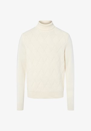 Cremfarbener Rollkragenpullover aus strukturiertem Strickstoff mit einem Diamantmuster. Verfügt über lange Ärmel und gerippte Akzente am Kragen und Saum.