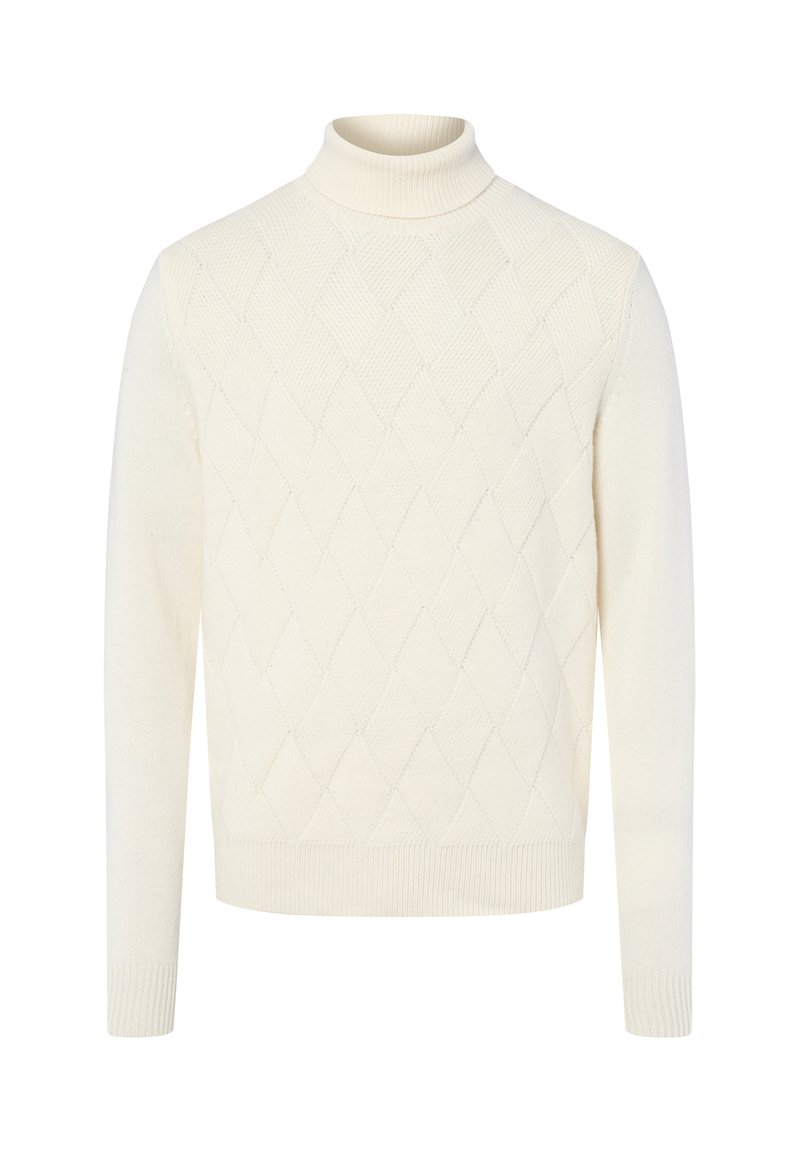 Cremfarbener Rollkragenpullover aus strukturiertem Strickstoff mit einem Diamantmuster. Verfügt über lange Ärmel und gerippte Akzente am Kragen und Saum.