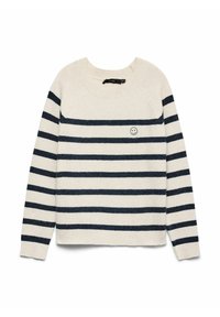 Pull crème à rayures horizontales bleu marine avec un petit visage souriant brodé sur la poitrine gauche, doté d'un col rond et de manches longues.