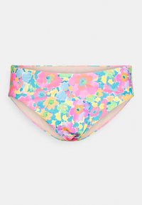 Parte de baixo de biquíni floral com um padrão multicolorido de flores rosa, azuis e amarelas sobre uma base rosa clara e um acabamento suave.